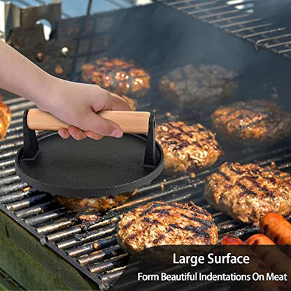  Cast Iron Burger Press, 7 Inch Round Heavy Duty Bacon Meat Steak Grill Press With Wooden Handle, Heat Proof, Rust Resistance, Griddle Accessorie Burger Smasher For BBQ Flat Top Teppanyaki