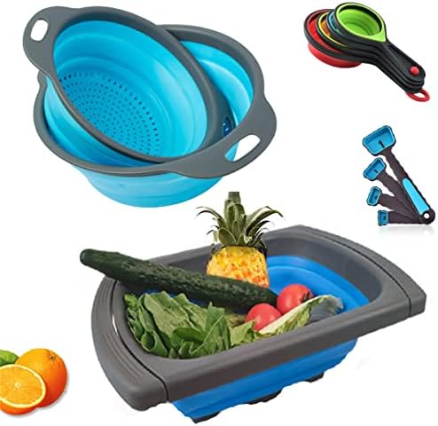 New Version 11Pack Silicone Kitchen Strainer Collapsible Colander With Foldable Silicone Measuring Spoon Measuring Cup Kitchen Good Tools (Blue)