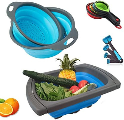  New Version 11Pack Silicone Kitchen Strainer Collapsible Colander With Foldable Silicone Measuring Spoon Measuring Cup Kitchen Good Tools (Blue)