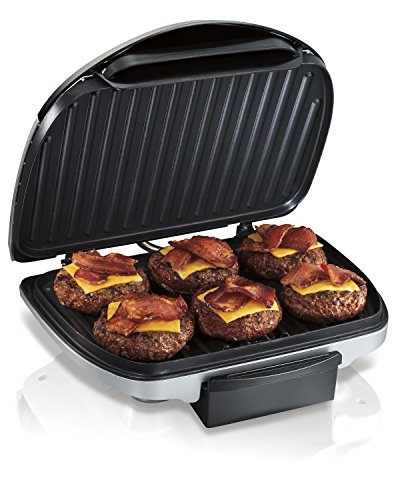 Hamilton Beach 4-Slice Non-Stick Belgian Waffle Maker With Indicator Lights, Compact Design, Black (26020) & Beach Electric Indoor Grill, 6-Serving, Nonstick Easy Clean Plates, Silver (25371)