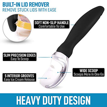  Ice Cream Scoop With Soft Easy Grip Handle - Ice Cream Scooper With Built-in Lid Opener - Heavy Duty Icecream Scoop With Non-Slip Handle For Soft & Hard Ice Cream (Black)