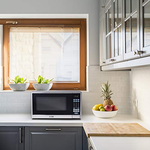  Hef Countertop Microwave, 1.1 Cubic Feet, Black With Stainless Steel Trim