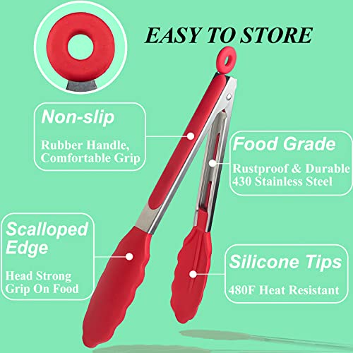  3 Pack Kitchen Tongs (9 Inches), Non Stick Stainless Steel Tongs With Silicone Tip For Cooking BBQ Baking(Red)