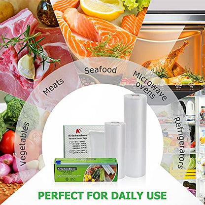  Vacuum Sealer Rolls Bag, 6 Pack 8"x16.5' And 11"x16.5' Food Vacuum Save Bag Rolls With Cutter Box,100 Feet Sous Vide Roll Bag,By KitchenBoss