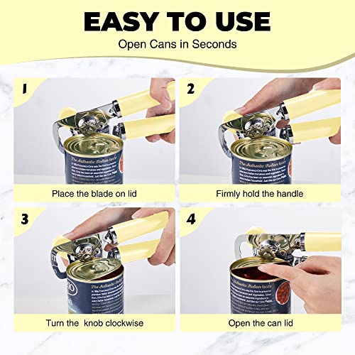  Can Opener Manual, Heavy Duty Handheld Can Opener With Stainless Steel Sharp Blade, Hand Can Opener With Ergonomic Hand Grip And Larger Turning Knob, Built In Bottle Opener(Yellow)