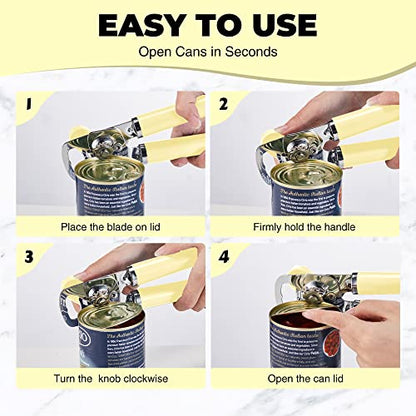  Can Opener Manual, Heavy Duty Handheld Can Opener With Stainless Steel Sharp Blade, Hand Can Opener With Ergonomic Hand Grip And Larger Turning Knob, Built In Bottle Opener(Yellow)