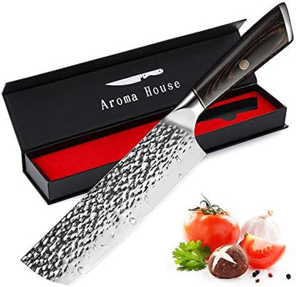  Damascus Nakiri Knife 7", Heavy Duty Kitchen Knife For Meat And Vegetable, High Carbon Stainless Steel & Pakkawood Handle, Magnetic Box, Amazing Gift Option.