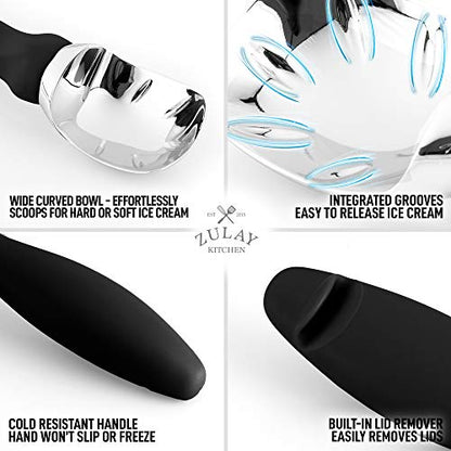  Ice Cream Scoop With Soft Easy Grip Handle - Ice Cream Scooper With Built-in Lid Opener - Heavy Duty Icecream Scoop With Non-Slip Handle For Soft & Hard Ice Cream (Black)