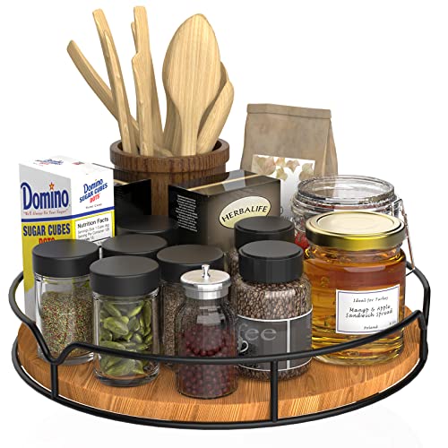  Lazy Susan Turntable Organizer For Cabinet Pantry Kitchen Countertop Refrigerator Cupboard, Pine Wood, 9", Carbonized Black