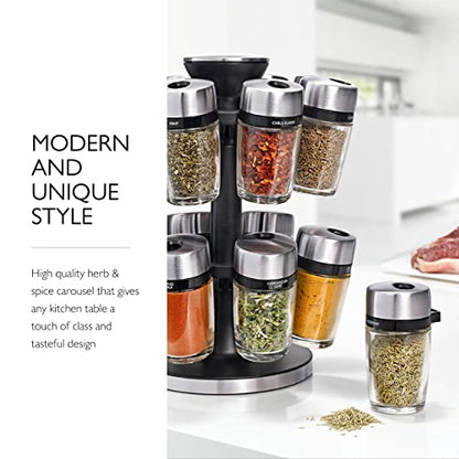 Cole & Mason 16 Herb & Spice Carousel - Rotating Spice Rack - Metal Two-Tier Organizer - Lazy Susan Style - Stainless Steel/Black, 10 Inch