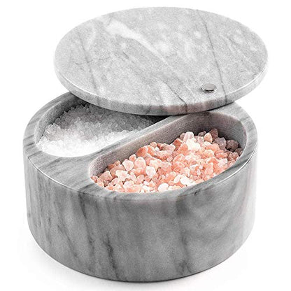 Salt Cellar With Swivel Top And Dual Compartment Elegant Marble Salt Box With Lid For Salt, Spice And Herbs Storage – 5 Ounce Capacity (White/Grey Marble)
