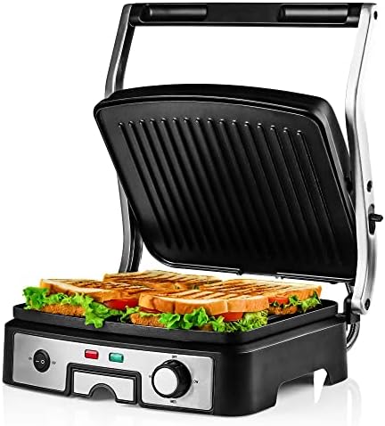  Vente Electric Panini Press Grill And Sandwich Maker With Nonstick Coated Plates, Opens 180 Degrees For Any Food, 1000W Thermostat Control Removable Drip Tray And Easy To Clean Grids, Silver GP0540BR