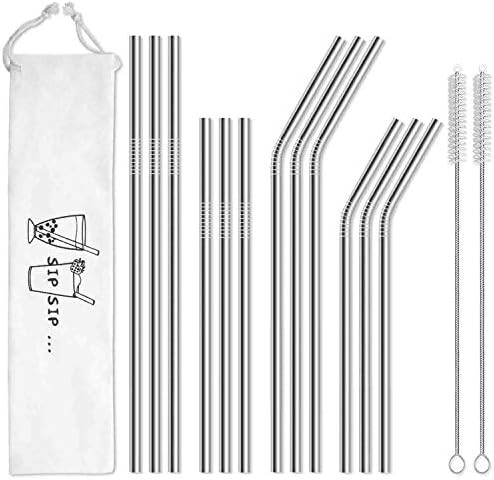  Iware 12-Pack Reusable Stainless Steel Metal Straws With Case - Long Drinking Straws For 30 Oz And 20 Oz Tumblers Yeti Dishwasher Safe - 2 Cleaning Brushes Included