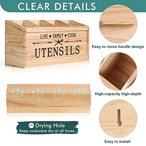  Utensil Holder, Extra Large Kitchen Utensil Holder For Countertop, Wood Utensil Holder With Handle, Kitchen Utensil Organizer Cooking Tools Storage (Utensil Not Included)
