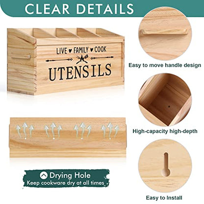  Utensil Holder, Extra Large Kitchen Utensil Holder For Countertop, Wood Utensil Holder With Handle, Kitchen Utensil Organizer Cooking Tools Storage (Utensil Not Included)