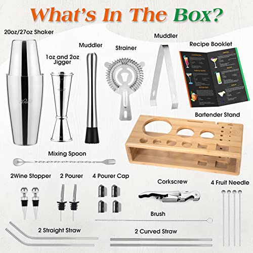  Mixology Bartender Kit With Bamboo Stand And Japanese Jigger | 25-Piece Bar Set Profesional Stainless Steel Bar Tools | Boston Cocktail Shaker Set | Recipe Menu | Barware Present