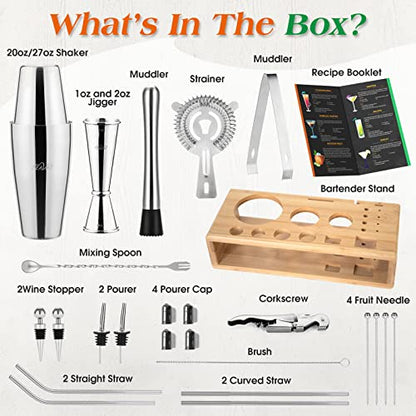  Mixology Bartender Kit With Bamboo Stand And Japanese Jigger | 25-Piece Bar Set Profesional Stainless Steel Bar Tools | Boston Cocktail Shaker Set | Recipe Menu | Barware Present