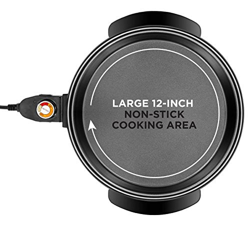  Electric Skillet - 12 Inch Round Frying Pan With Non Stick Coating, Temperature Control, Tempered Glass Lid, Cool-Touch Handles And Knob, Black
