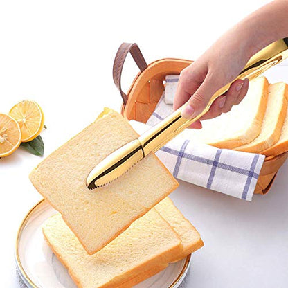  2-Pack 9 Inch Stainless Steel Gold Salad Tongs, Non-slip & Easy Grip Smart Locking Clip Handy Utensil For Cooking, Serving, Barbecue, Buffet, Salad, Ice, Oven