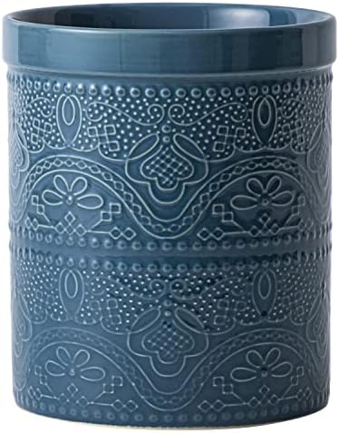  Kitchen Utensil Holder, 7.2" Super Large Utensil Crock Heavy And Stable Lace Emboss Ceramic Utensil Holder For Kitchen Counter (Bright White)