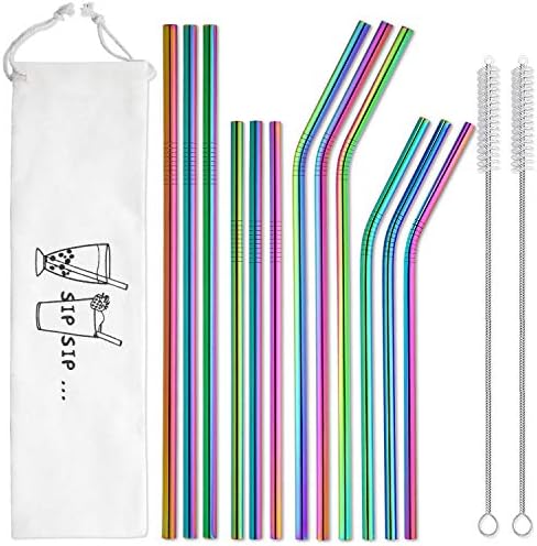  Iware 12-Pack Reusable Stainless Steel Metal Straws With Case - Long Drinking Straws For 30 Oz And 20 Oz Tumblers Yeti Dishwasher Safe - 2 Cleaning Brushes Included