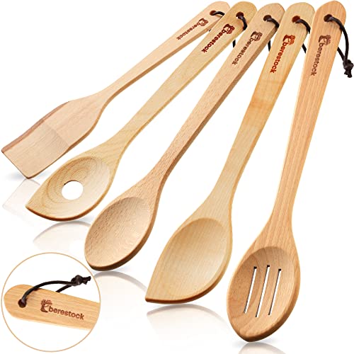  Wooden Spoons For Cooking Kitchen Utensils Set Of 5 Cooking Spoons And Spatula - Natural Beechwood For Nonstick Cookware Heat Resistant Wood Spoons