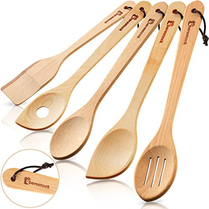  Wooden Spoons For Cooking Kitchen Utensils Set Of 5 Cooking Spoons And Spatula - Natural Beechwood For Nonstick Cookware Heat Resistant Wood Spoons