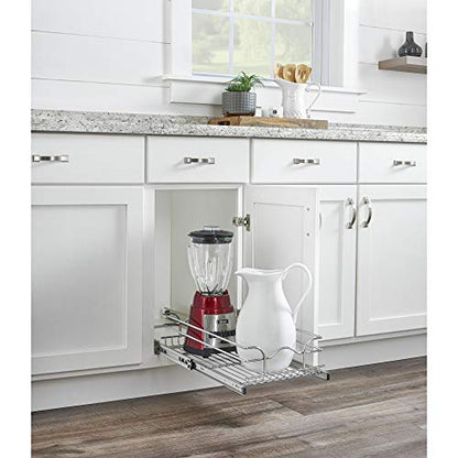  Rev-A-Shelf 5WB1-0918CR-1 8.5 X 18 Inch Single Wire Pull Out Shelf Storage Basket Organizer W/100lb Weight Capacity For Kitchen Base Cabinets, Silver