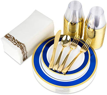  Blue And Gold Rim Plastic Dinnerware (200-Piece) Plastic Plates, Plastic Cutlery, Plastic Cups And Guest Towels - Service For 25 Guests Place Setting For Wedding, Party, Baby Shower, Birthday, Holiday