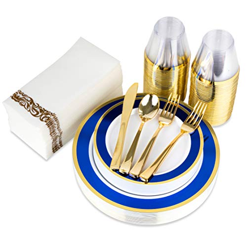  Blue And Gold Rim Plastic Dinnerware (200-Piece) Plastic Plates, Plastic Cutlery, Plastic Cups And Guest Towels - Service For 25 Guests Place Setting For Wedding, Party, Baby Shower, Birthday, Holiday
