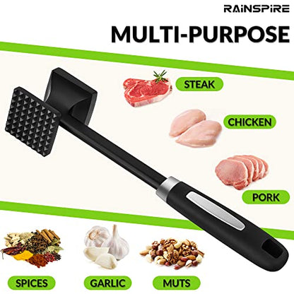  Rainspire Heavy Duty Meat Tenderizer Hammer, Meat Mallet Tenderizer With Soft Handle, Dual-Sided Meat Hammer Tenderizer, Meat Pounder Kitchen Mallet For Beef, Chicken Pounder, 10", Black