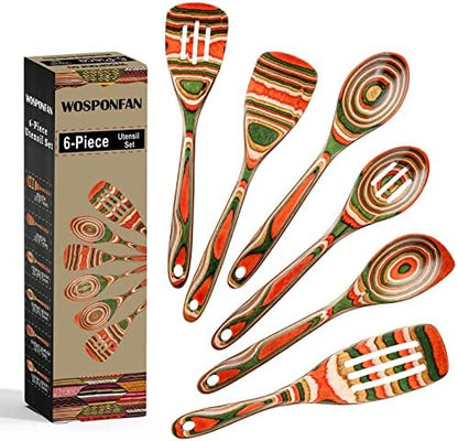  Wooden Spoons For Cooking, WOSPONFAN Kitchen Utensils Set, Pakkawood Kitchen Cooking Utensils Set, Apartment Essentials Wood Serving Spatula Spoon, Salad Tongs, Home & Kitchen Gift For Women