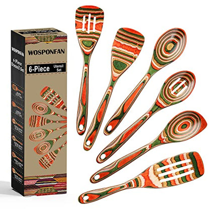  Wooden Spoons For Cooking, WOSPONFAN Kitchen Utensils Set, Pakkawood Kitchen Cooking Utensils Set, Apartment Essentials Wood Serving Spatula Spoon, Salad Tongs, Home & Kitchen Gift For Women