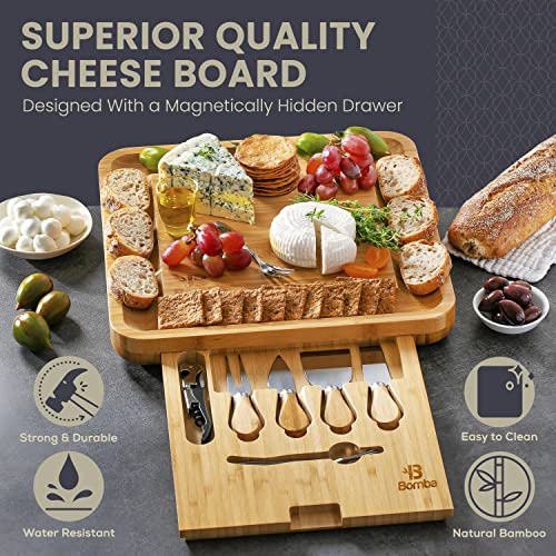  Amboo Cheese Board – 13 X 13 Inches Charcuterie Board With Accessories – Includes 4 Cheese Knives & Forks And Wine Opener - Magnetic Drawer – Ideal For Cheese, Fruit, Wine, Meat