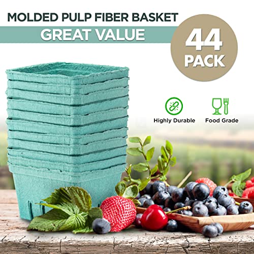  [44 Pack] Quart Green Molded Pulp Fiber Berry Basket Produce Vented Container For Fruit And Vegetable, Farmer Market, Grocery Stores And Backyard Party