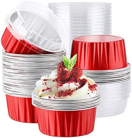  Disposable Ramekins, Gold 50pcs 5oz Mini Aluminium Foil Baking Cups With Lids Creme Brulee Cupcake Liners, Desert Cheesecake Pans Flan Molds Tin Cups Containers For Party Favor Birthday