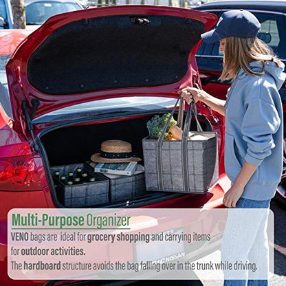  VENO 3 Pack Reusable Grocery Bag, Shopping Cart Bag, Storage Box, Heavy Duty, Hard Bottom, Collapsible, Utility Tote, Trunk Organizer (Black/Windowpane, Set Of 3)