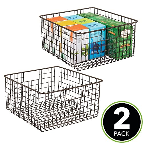 MDesign Farmhouse Decor Metal Wire Food Organizer Storage Bin Baskets With Handles For Kitchen Cabinets, Pantry, Bathroom, Laundry Room, Closets, Garage - 2 Pack - Bronze