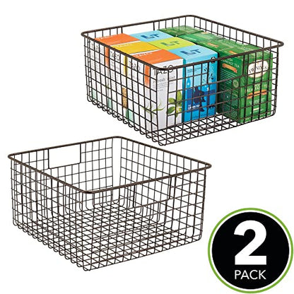  MDesign Farmhouse Decor Metal Wire Food Organizer Storage Bin Baskets With Handles For Kitchen Cabinets, Pantry, Bathroom, Laundry Room, Closets, Garage - 2 Pack - Bronze