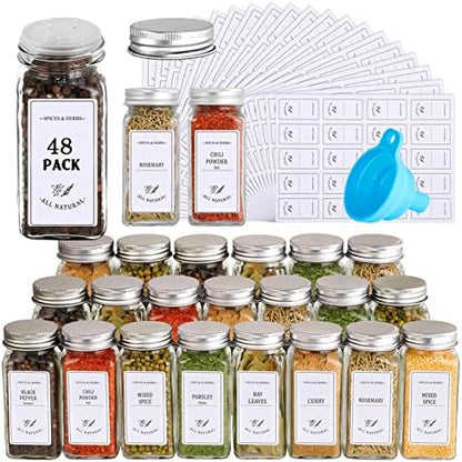  25 Pcs Glass Spice Jars With 400 Spice Labels, 4oz Empty Square Spice Containers With 25 Shaker Lids, Seasoning Containers Bottles For Spice Rack, Cabinet, Drawer