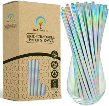  100-Pack Extra Durable Iridescent Paper Straws Biodegradable- Premium Eco-Friendly Paper Straws Bulk- Drinking Straws For Juices, Restaurants And Party Supplies, 7.7" (Silver, 100ct)