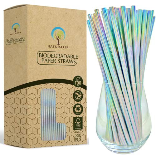  100-Pack Extra Durable Iridescent Paper Straws Biodegradable- Premium Eco-Friendly Paper Straws Bulk- Drinking Straws For Juices, Restaurants And Party Supplies, 7.7" (Silver, 100ct)