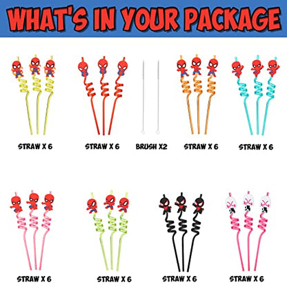  NITELUO 24Pcs Spiderman Birthday Party Supplies Reusable Drinking Straws,8 Designs Spider Party Favors With 2 Cleaning Brush