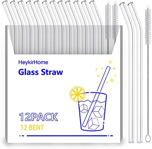  12-Pack Reusable Glass Straws,Size 8''x10 MM,Including12 Bent With 2 Cleaning Brush- Perfect For Smoothies, Tea, Juice
