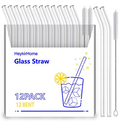  12-Pack Reusable Glass Straws,Size 8''x10 MM,Including12 Bent With 2 Cleaning Brush- Perfect For Smoothies, Tea, Juice