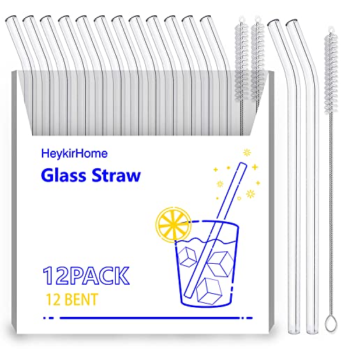  12-Pack Reusable Glass Straws,Size 8''x10 MM,Including12 Bent With 2 Cleaning Brush- Perfect For Smoothies, Tea, Juice