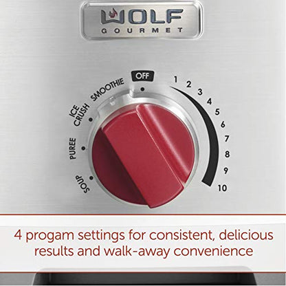  Olf Gourmet Pro-Performance Blender, 64 Oz Jar, 4 Program Settings, 12.5 AMPS, Blends Food, Shakes And Smoothies, Red Knob, Stainless Steel (WGBL200S)