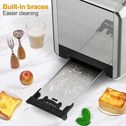  WHALL Toaster 2 Slice Stainless Steel Toasters With Bagel, Cancel, Defrost Function, 1.5in Wide Slot, 6 Shade Settings, Removable Crumb Tray, High Lift Lever, For Various Bread Types (850W)