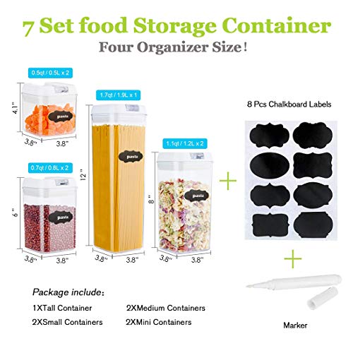  7 Pack Airtight Food Storage Container Set - Kitchen & Pantry Organization Containers - Labels & Chalk Marker - BPA Free Clear Plastic Kitchen And Pantry Organization Containers