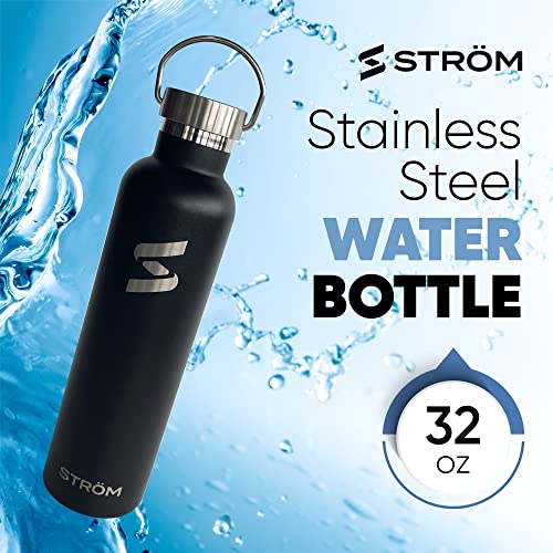  Trom 32oz Black Stainless Steel Water Bottle, Free Cleaning Brush, Plastic Free, BPA Free, Vacuum Insulated, 32 Ounce Healthy, Double Walled, Thermos, All Metal